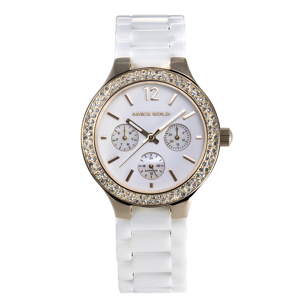 ARIES GOLD ENCHANT CONQUERESS GOLD STAINLESS STEEL L 5004Z G-W WHITE CERAMIC STRAP WOMEN'S WATCH